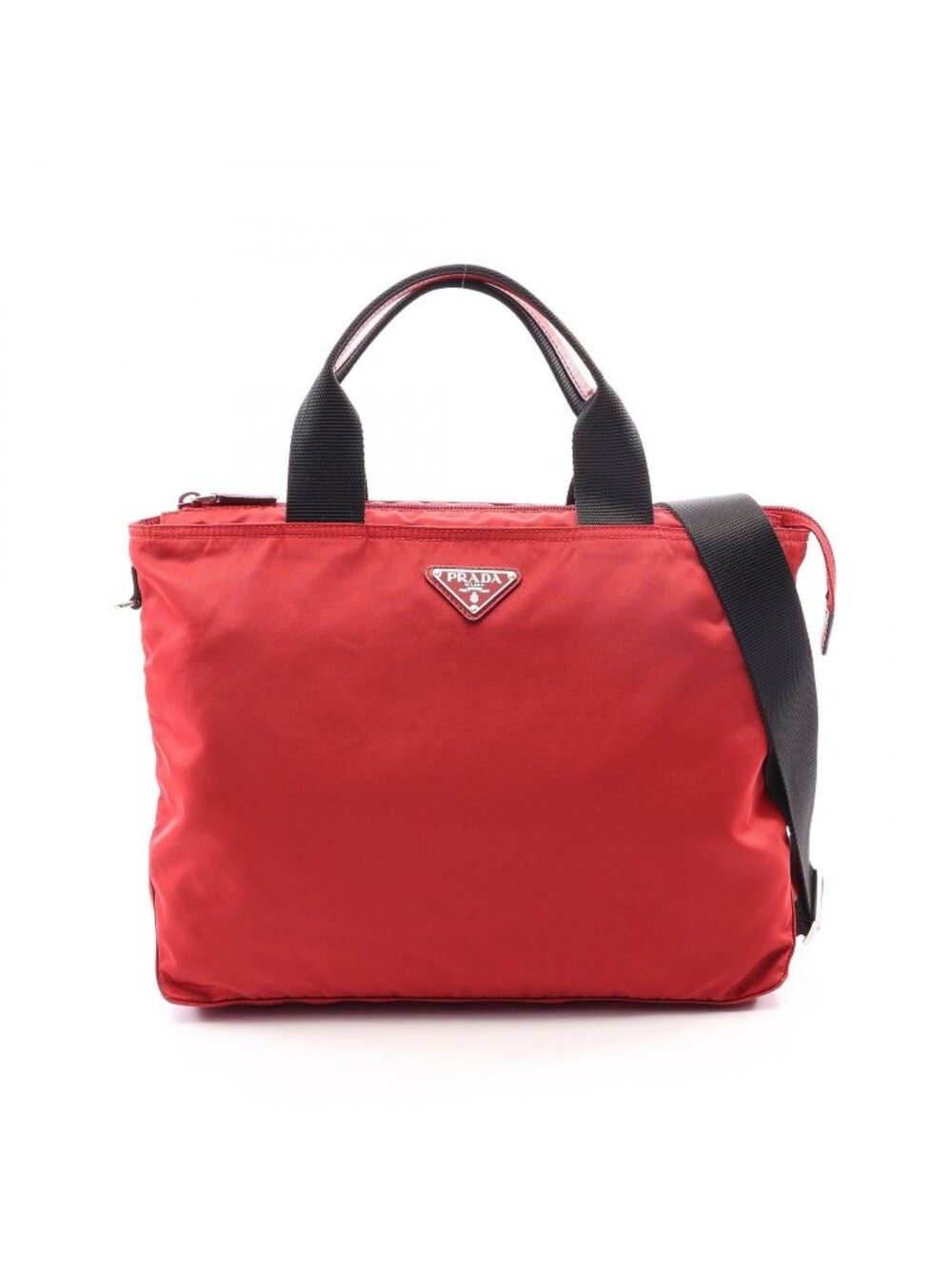Prada Tote Bag Triangle Logo 2-Way Red Nylon Saffiano Leather